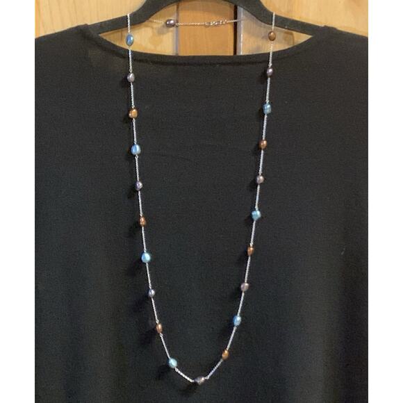 Honora Sterling Silver and Freshwater Pearl Station Necklace Multicolor 36 Inch - Picture 1 of 13